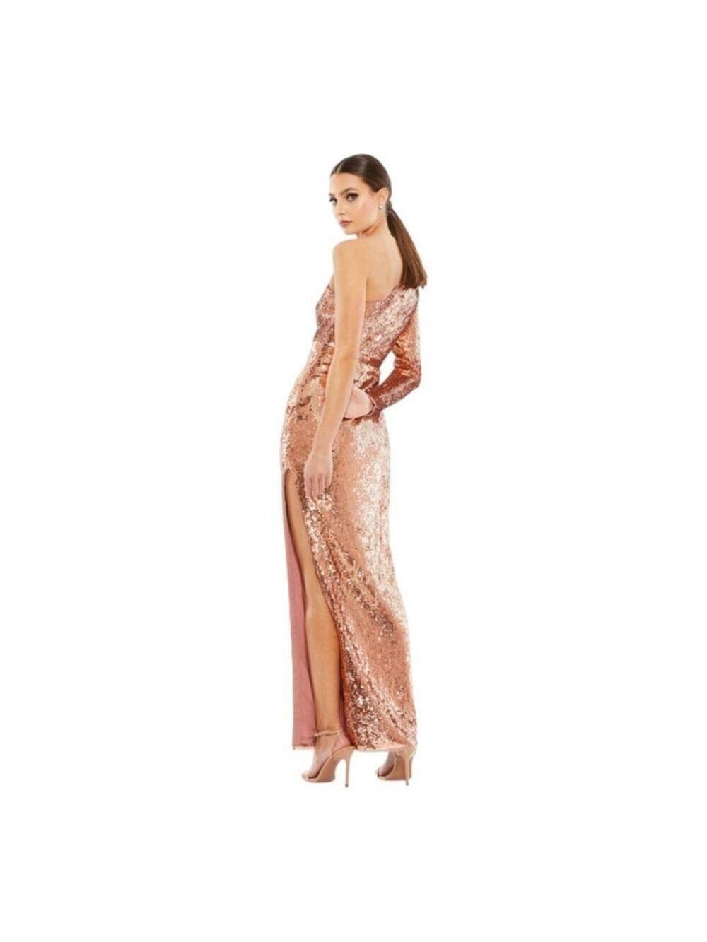 Mac Duggal Cognac Gold Sequin One-Shoulder Gown Size 8 - Picture 2 of 11
